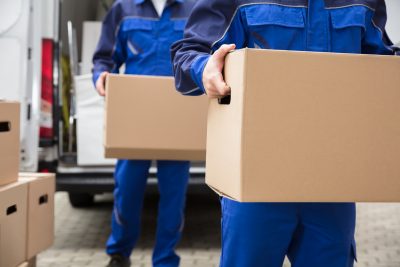 Close-up Of Two Mover’s Hand In Uniform Carrying Cardboard Box Movers Servicing The Entire Apache Junction Area
