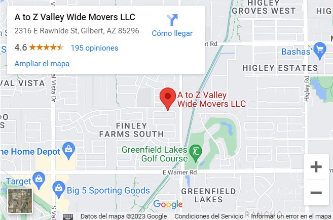 Google Map pinpointing A to Z Valley Wide Movers physicall location. Local moving company located in Gilbert 85296